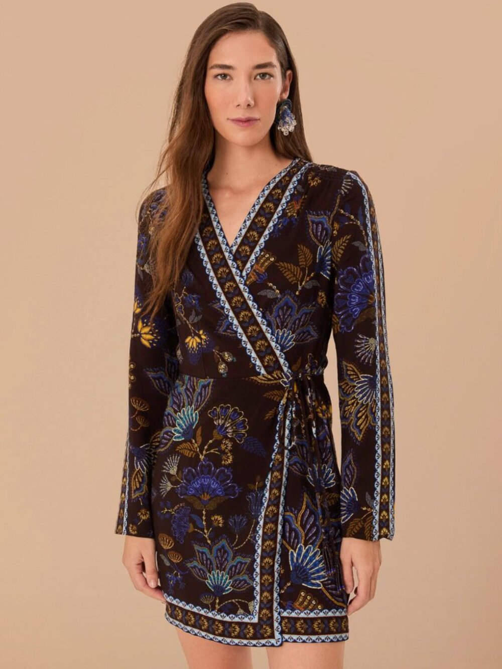 FARM Rio Black Floral Wrap Dress with Blue and Gold Accents